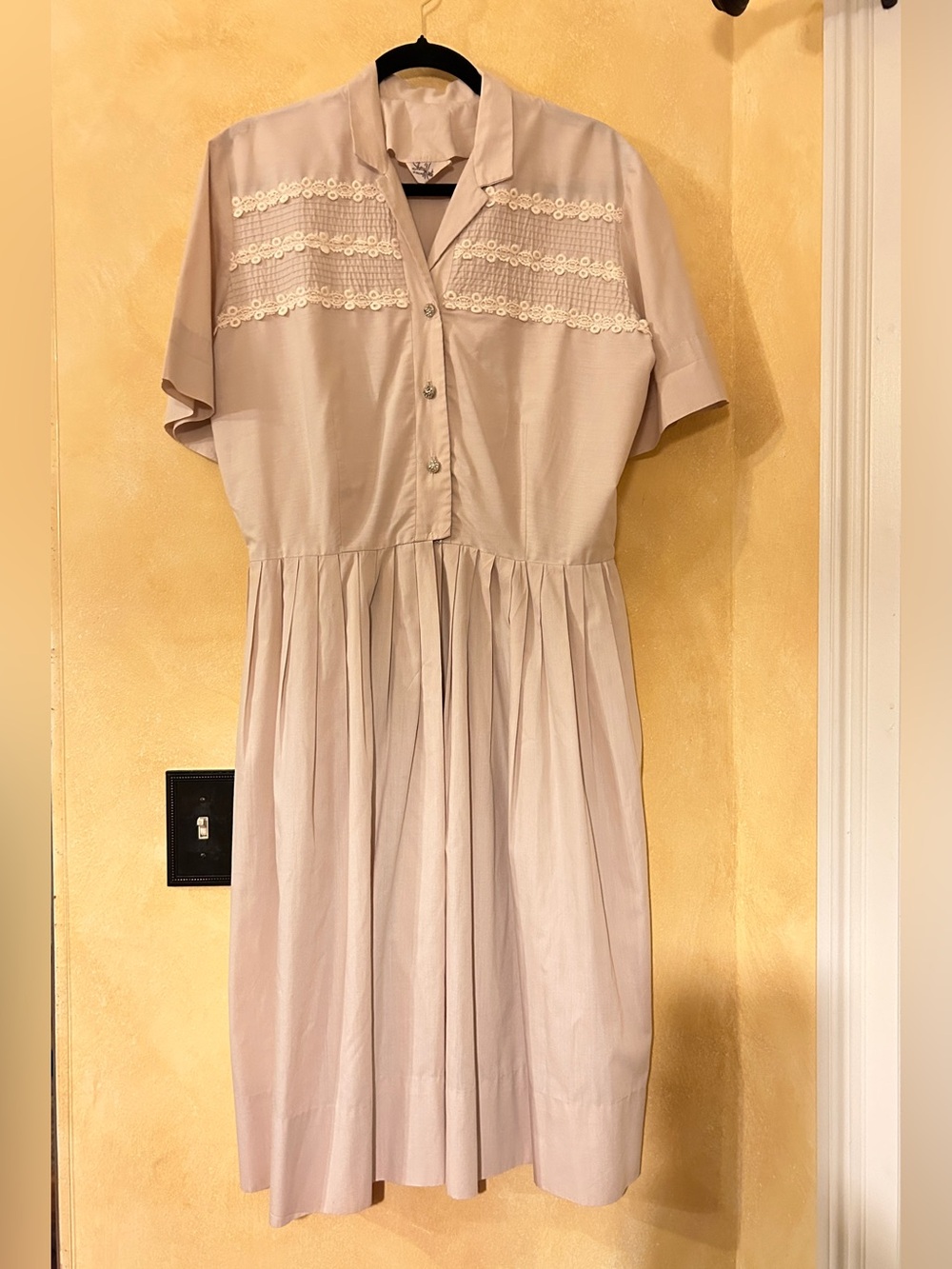 Light Beige Lace-Trim Shirred Waist Dress